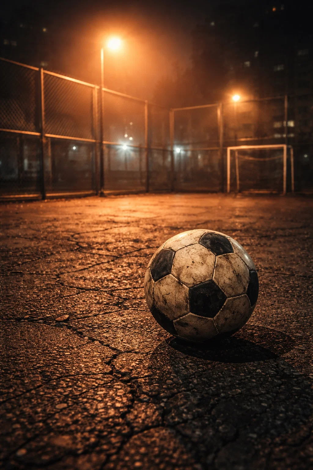 Ballon de football sur terrain urbain mouillé la nuit
