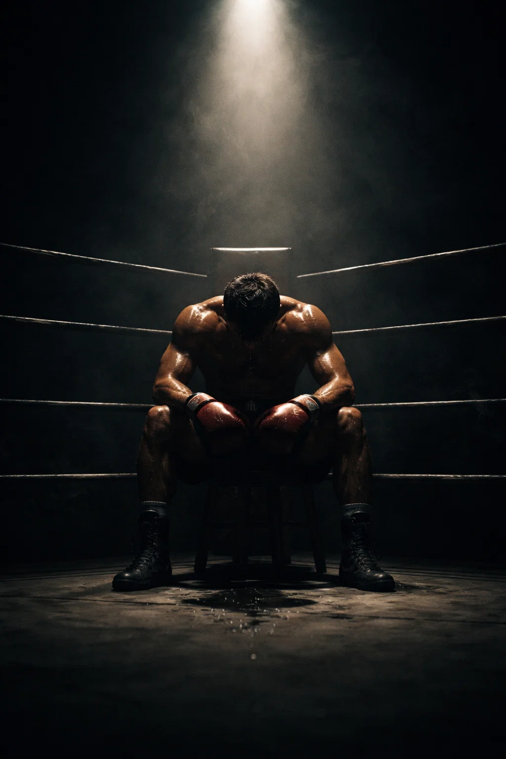 Boxeur assis dans un ring sombre après un combat