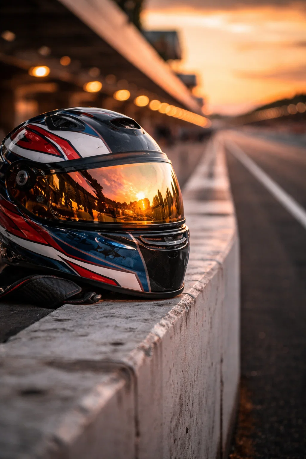 Casque de pilote posé sur un circuit au coucher du soleil
