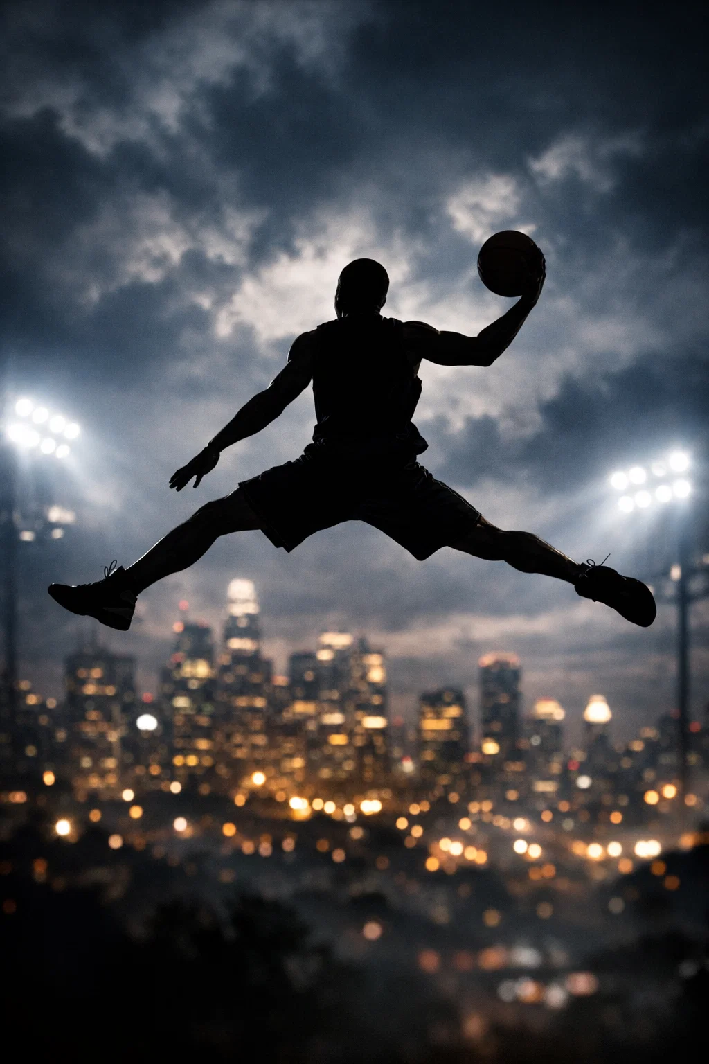 Joueur de basketball sautant au dessus d’une ville
