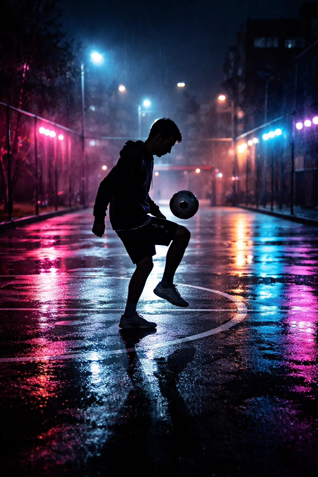 Joueur jonglant avec un ballon sur terrain urbain nocturne