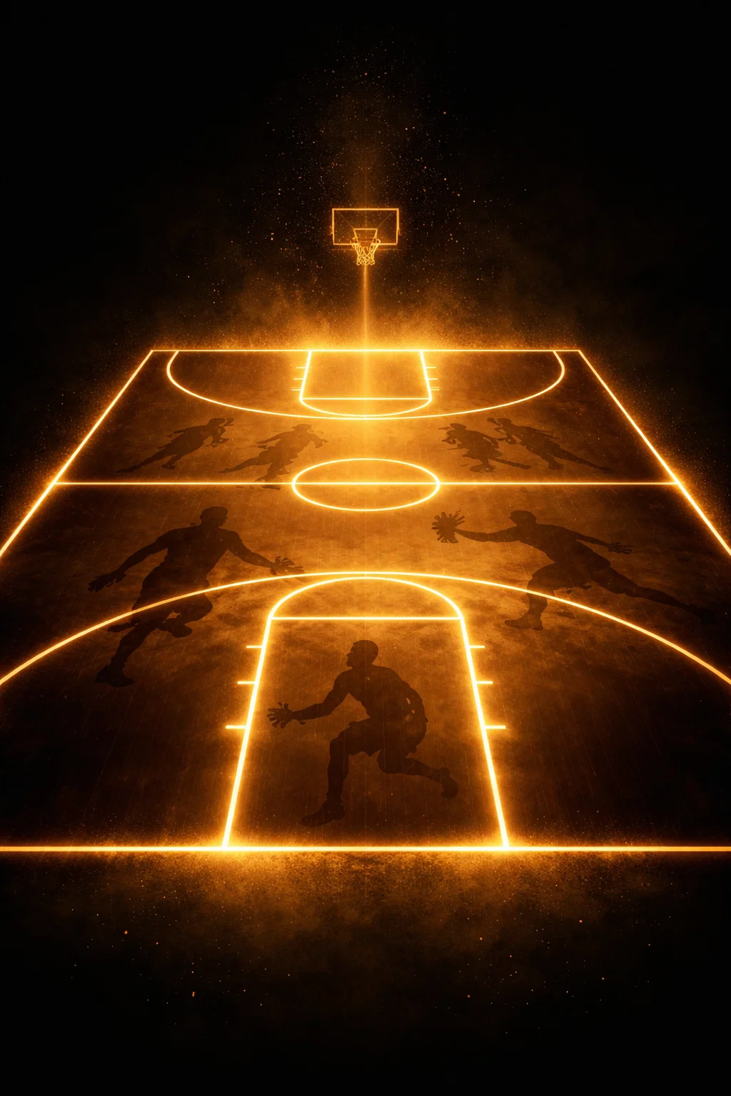 Terrain de basketball lumineux avec silhouettes de joueurs