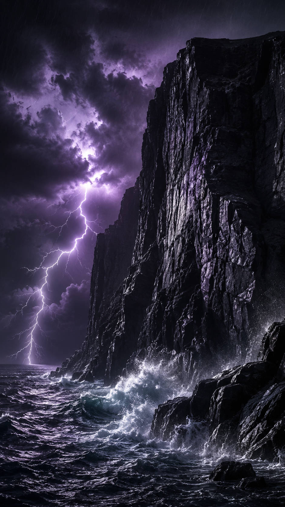 Falaise noire sous un orage violet