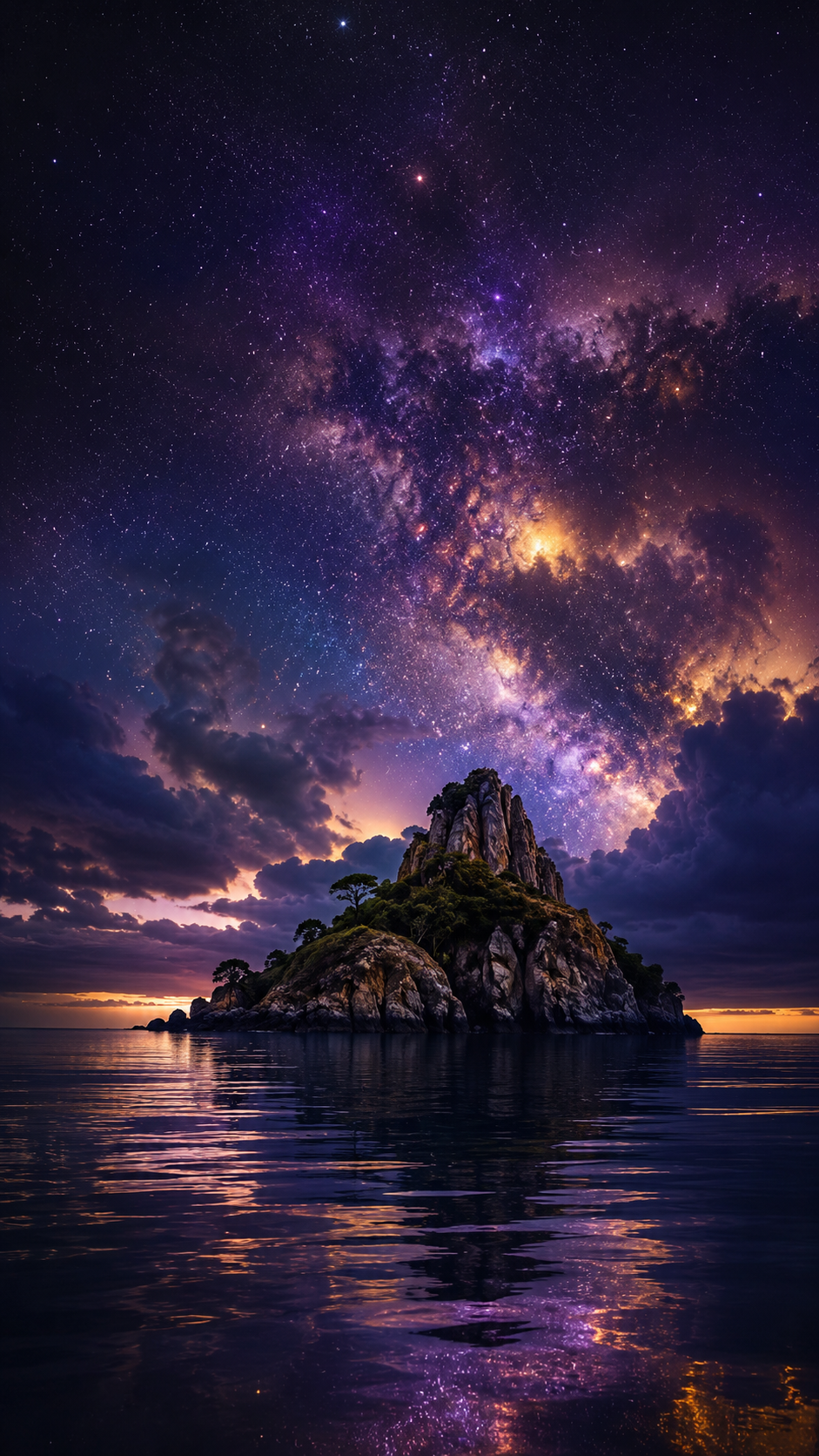 Île rocheuse sous ciel cosmique violet