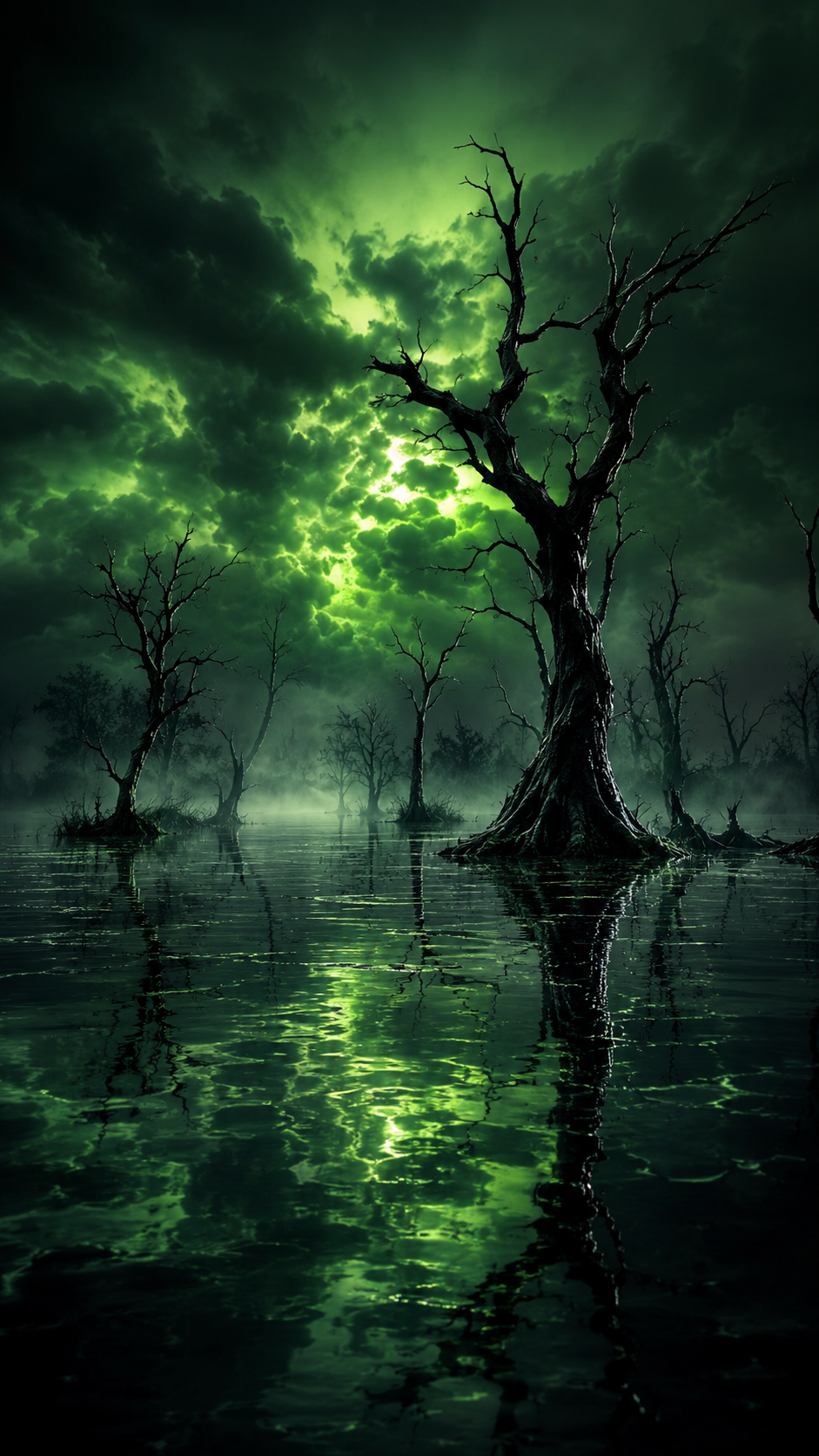 Marais miroir sous ciel vert toxique