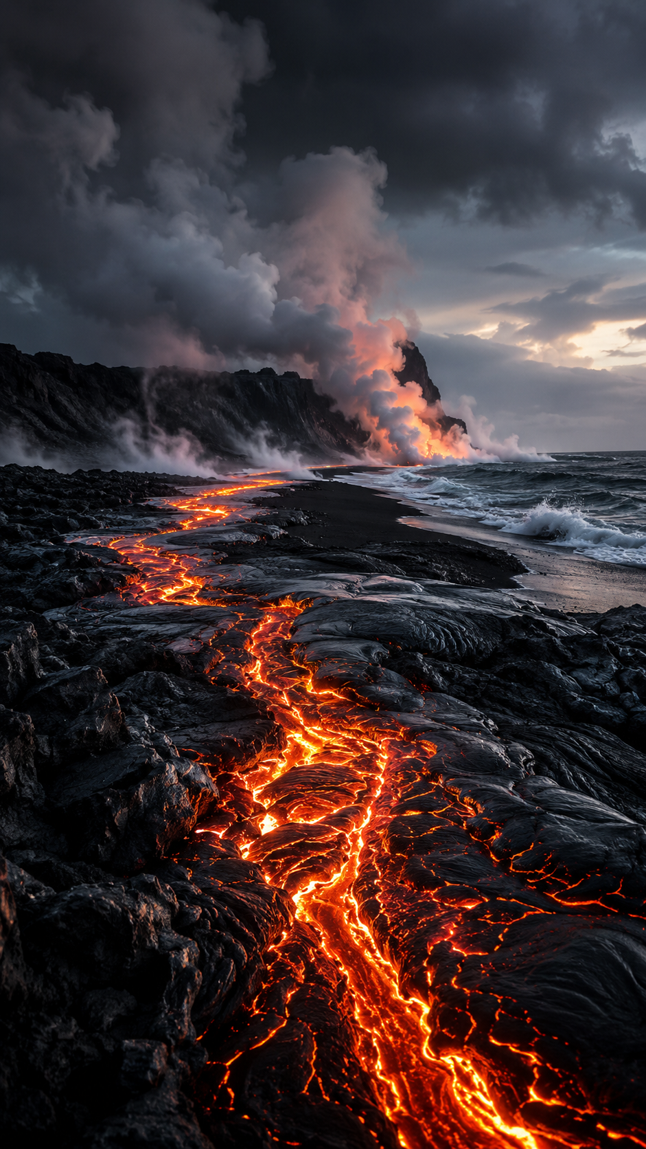 Rivière de lave sur plage volcanique noire