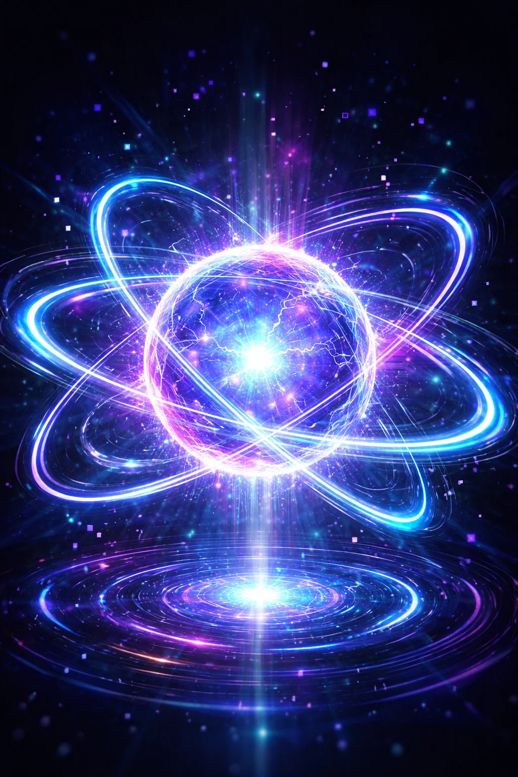 atome énergétique, orbites lumineuses, énergie quantique, science futuriste, particule lumineuse, noyau atomique, énergie cosmique, technologie avancée, univers numériq