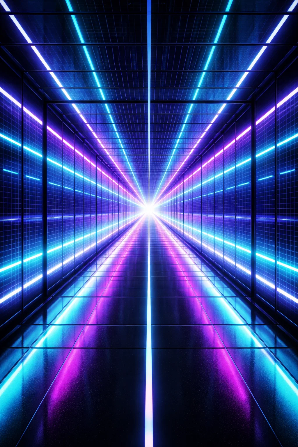 couloir néon futuriste, tunnel cyberpunk, perspective infinie, lignes lumineuses, architecture numérique, corridor holographique, lumière bleue violette, univers sci fi