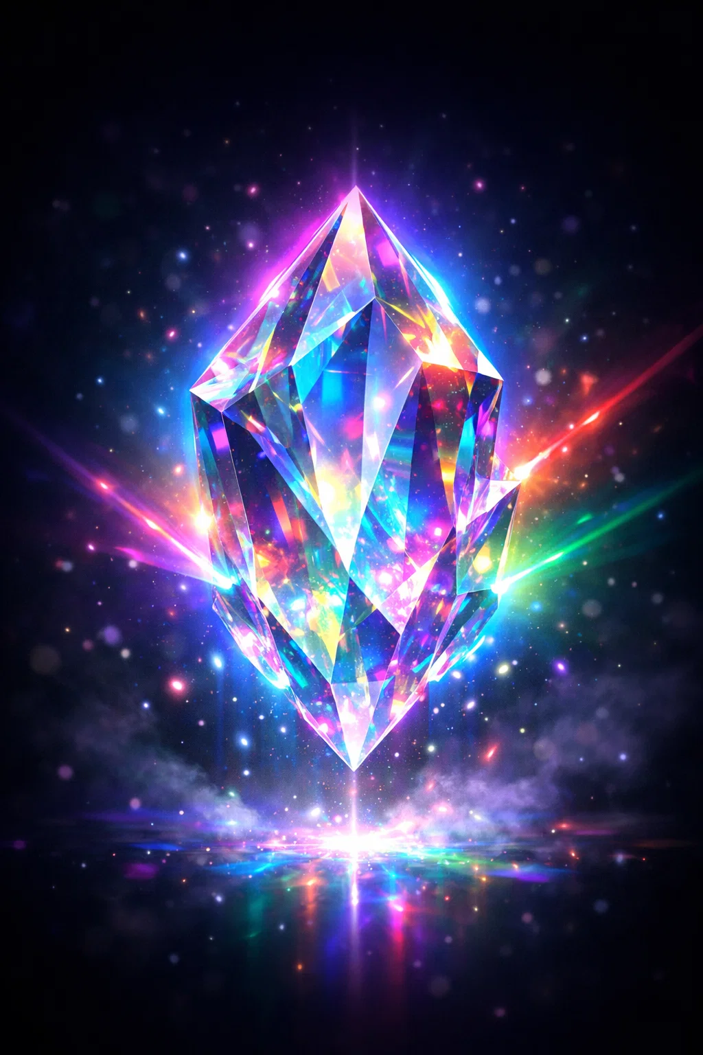 cristal holographique, gemme futuriste, cristal énergétique, lumière arc en ciel, cristal magique, prisme lumineux, énergie cosmique, objet lumineux sci fi, esthétique