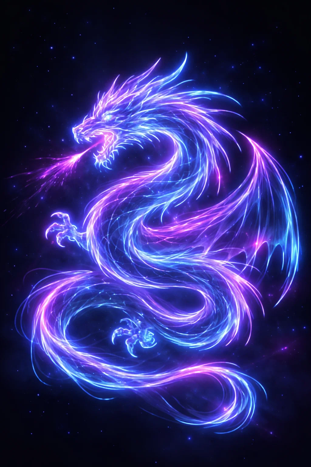 dragon néon, dragon cosmique, dragon énergétique, créature mythique futuriste, dragon galaxie, lumière holographique, dragon magique, fantasy lumineuse, dragon astral,