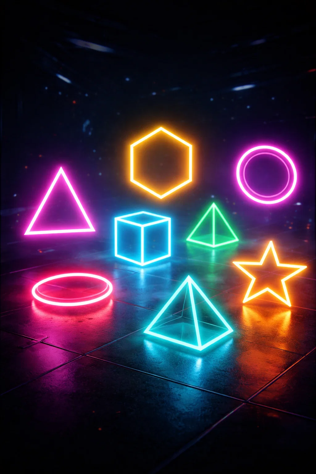 formes géométriques néon, triangle cercle cube, géométrie lumineuse, symboles futuristes, formes holographiques, design minimal néon, esthétique cyberpunk