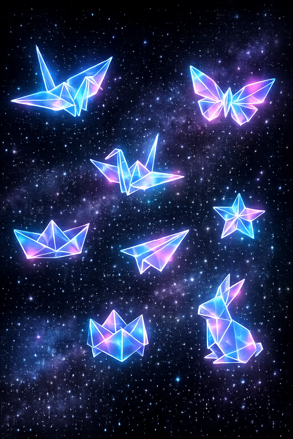origami néon, animaux origami lumineux, papillon origami, grue origami, étoile origami, art géométrique lumineux, origami galaxie, minimalisme futuriste