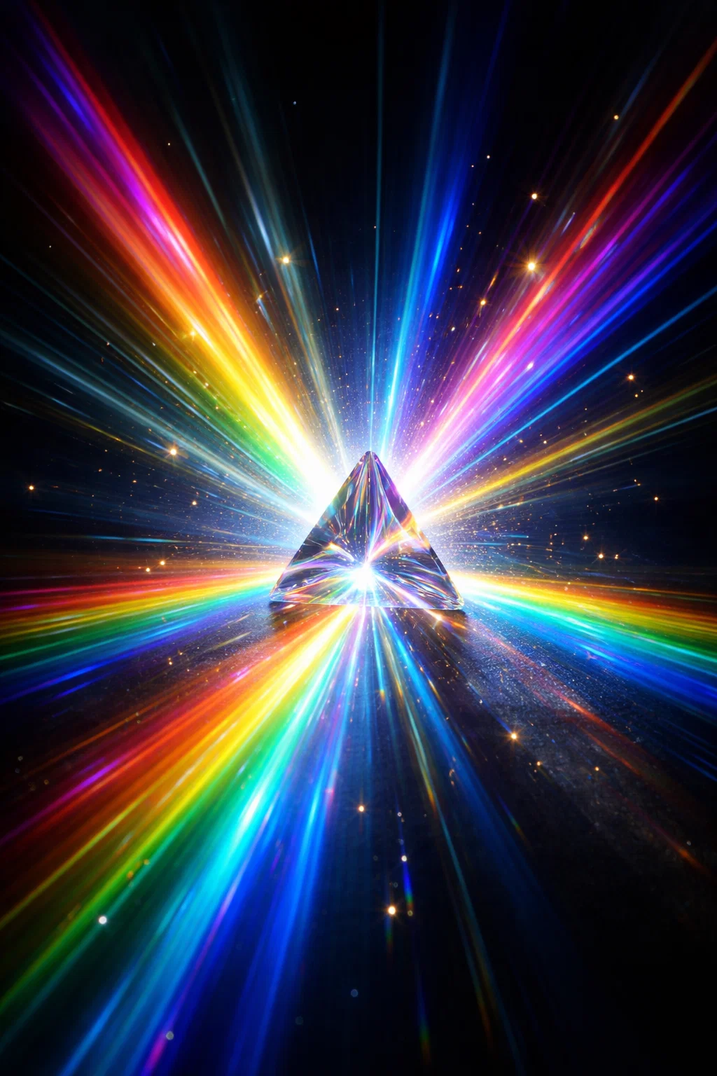 prisme lumineux, dispersion spectrale, rayon arc en ciel, lumière prismatique, cristal optique, explosion de lumière, spectre lumineux, science optique futuriste