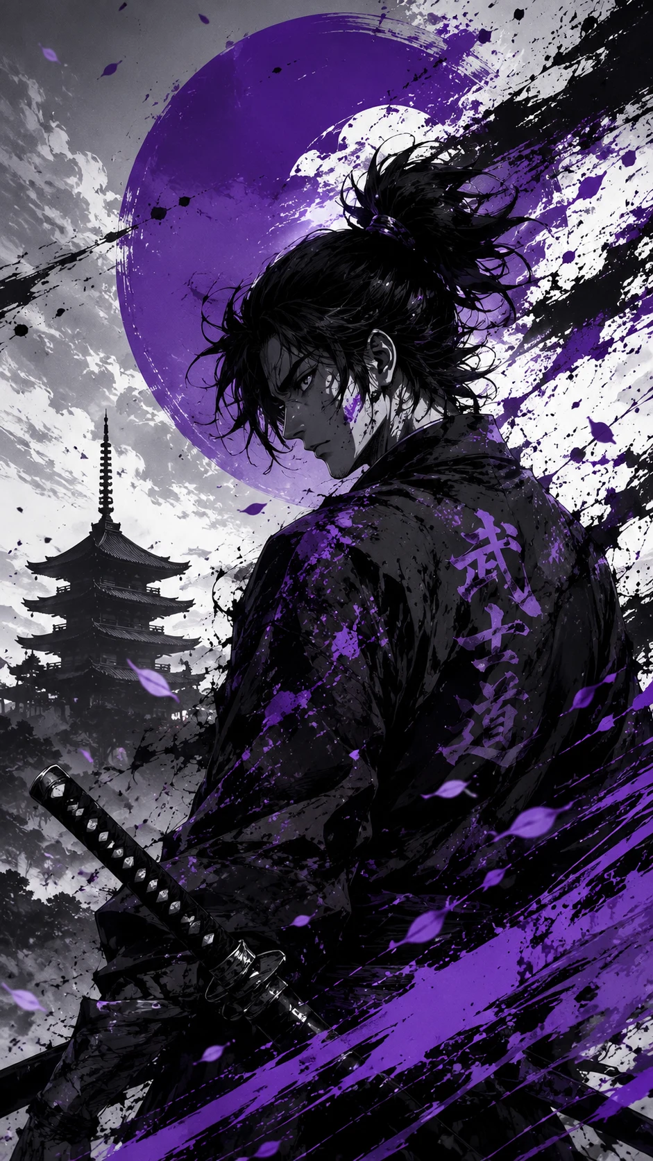Homme fond lune violet avec sabre