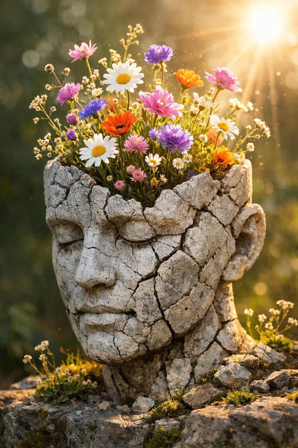 Tête pierre fleurs sauvages